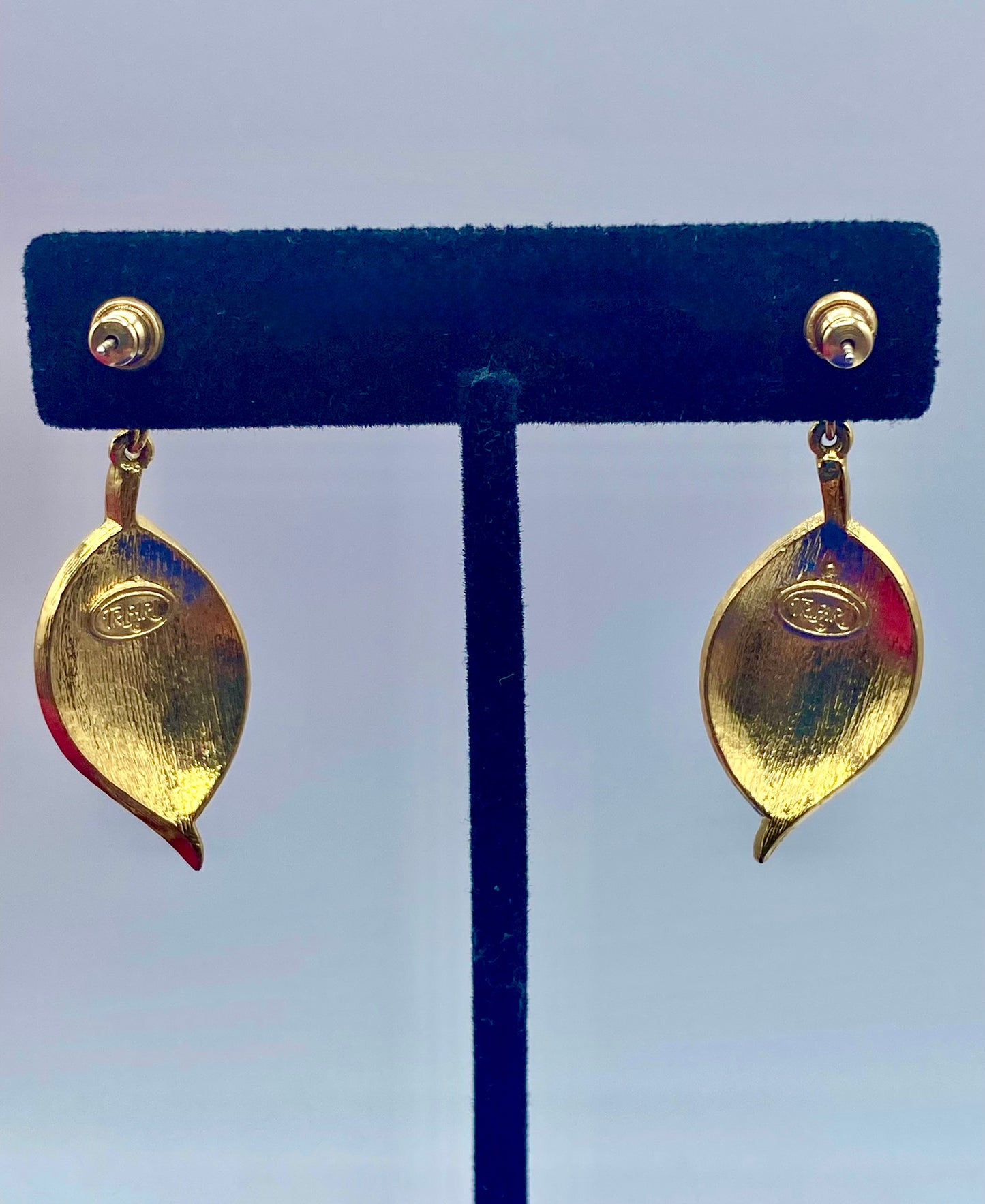 Vintage Gold Tone Trifari Green Enameled Earrings