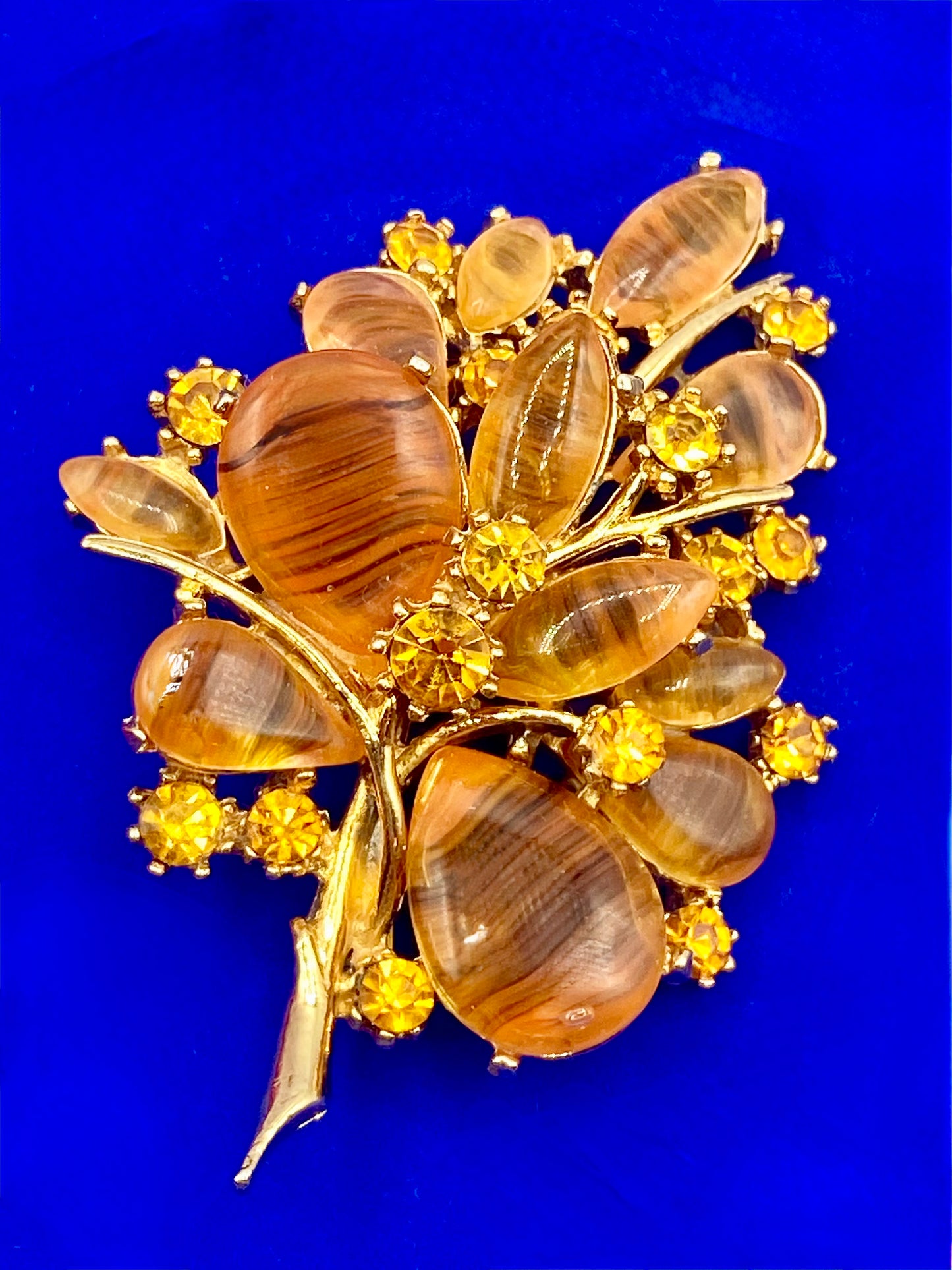 Vintage ART Orange/Brown Glass Rhinestone Brooch
