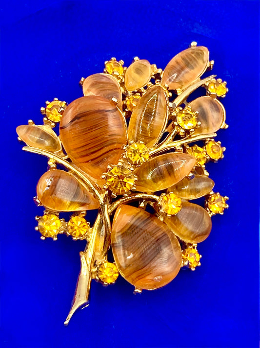 Vintage ART Orange/Brown Glass Rhinestone Brooch