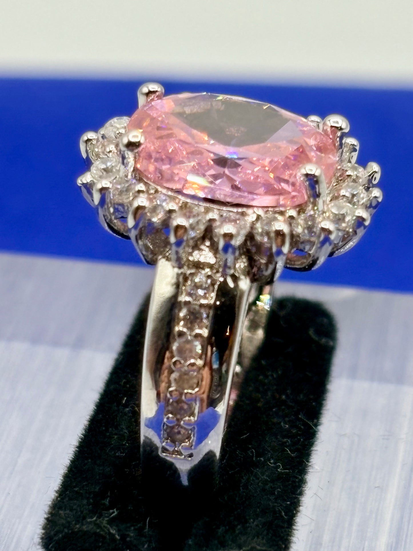 Pink & Clear Glass Silver Tone Costume Ring