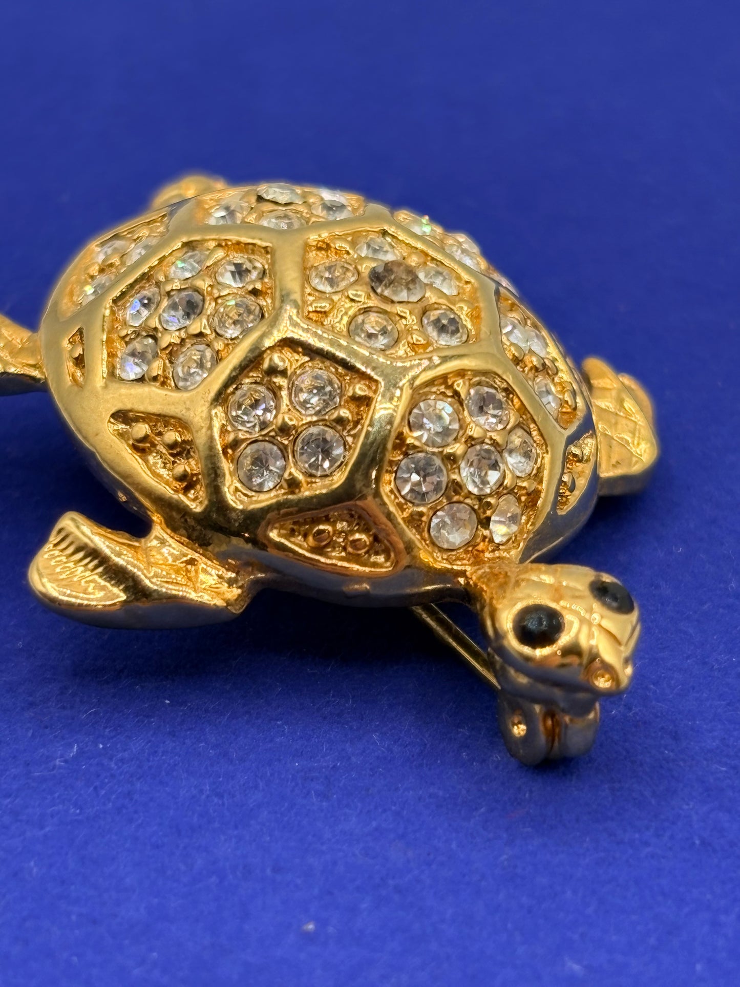 Vintage Designer M Clear Rhinestone Turtle Gold Tone Brooch
