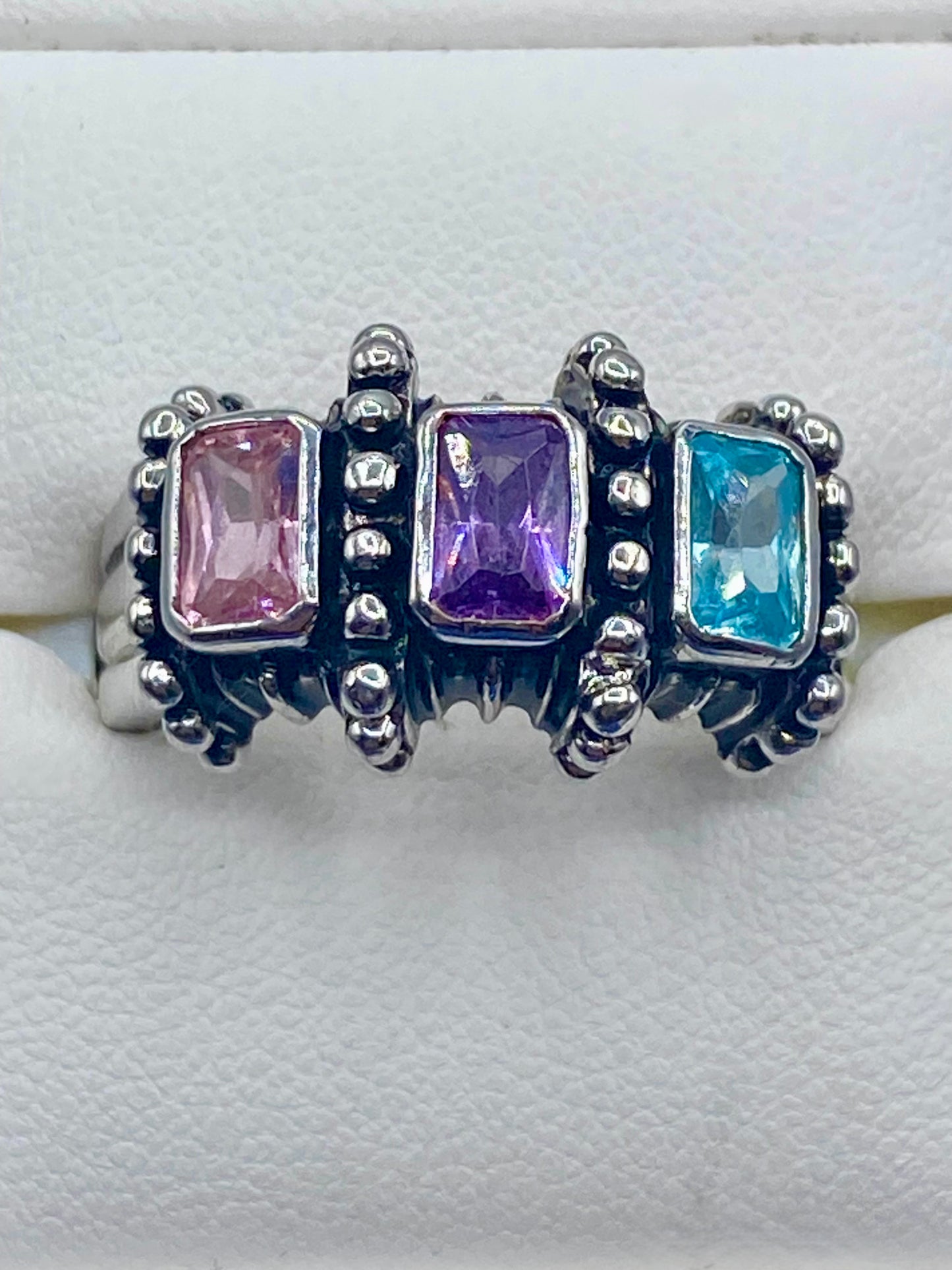 Silver Tone Pink Purple & Blue Crystal Ring