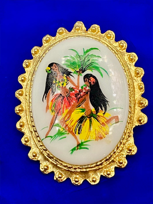 Hula Dancing Gold Tone Brooch