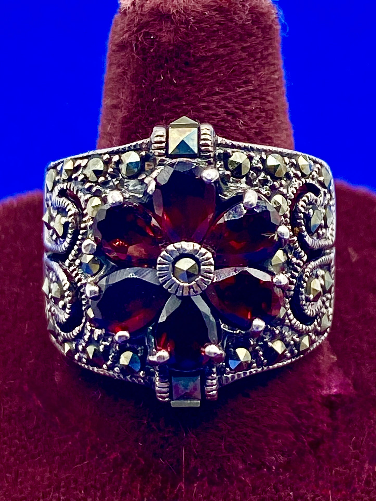 Sterling Silver Marcasite & Garnet CFJ Ring