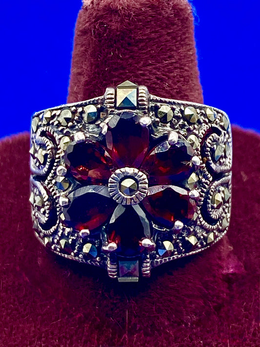 Sterling Silver Marcasite & Garnet CFJ Ring