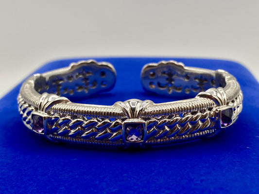 Judith Ripka Sterling Silver Purple Amethyst Hinged Cuff Bracelet