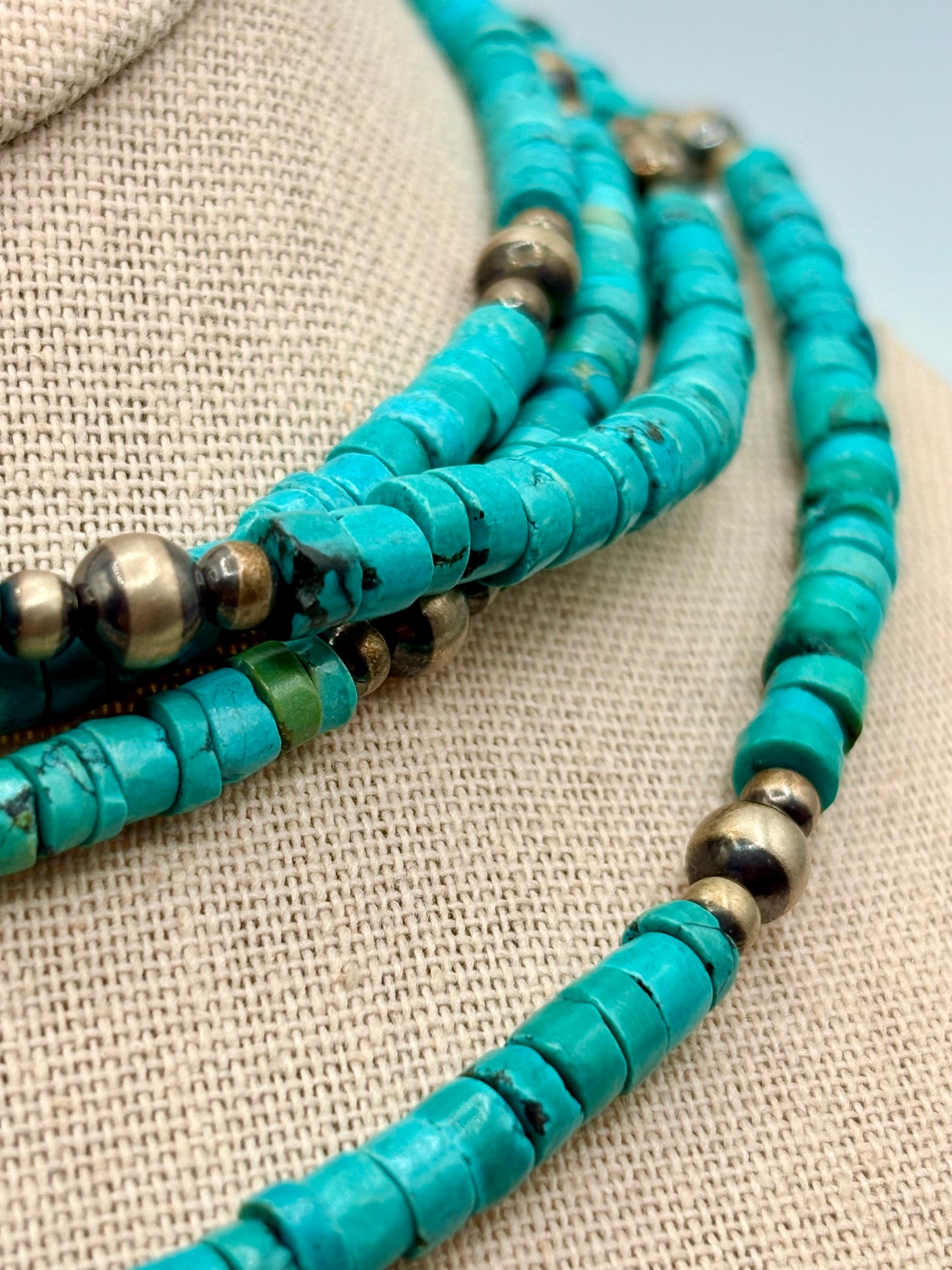 Sterling Silver Southwestern Navajo Pearls & Turquoise Discs Long Necklace