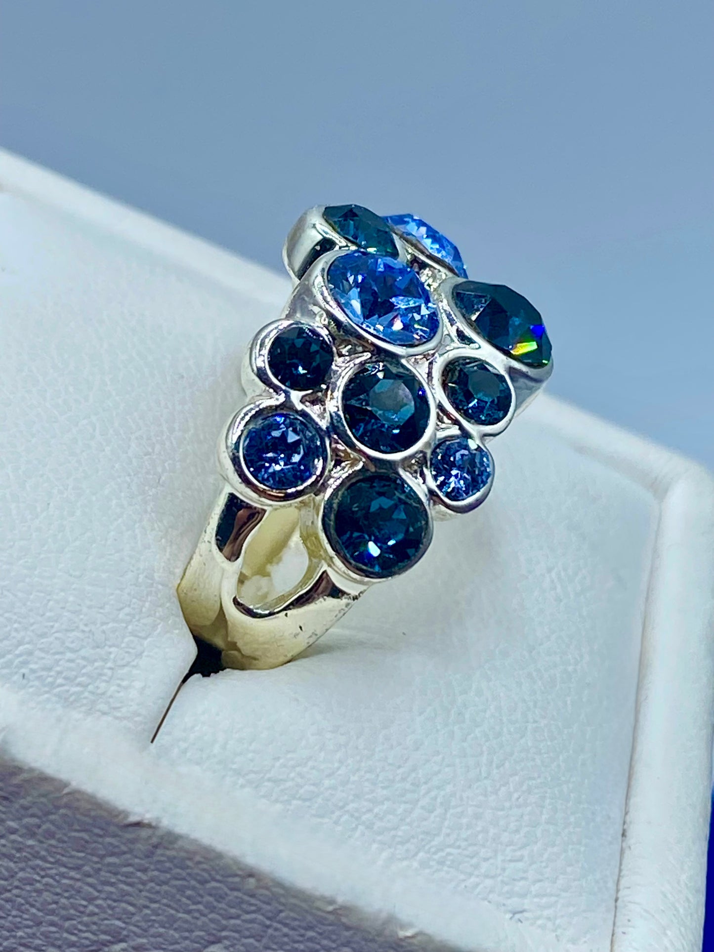 Blue Glass Rhinestone Silver Tone Costume Ring