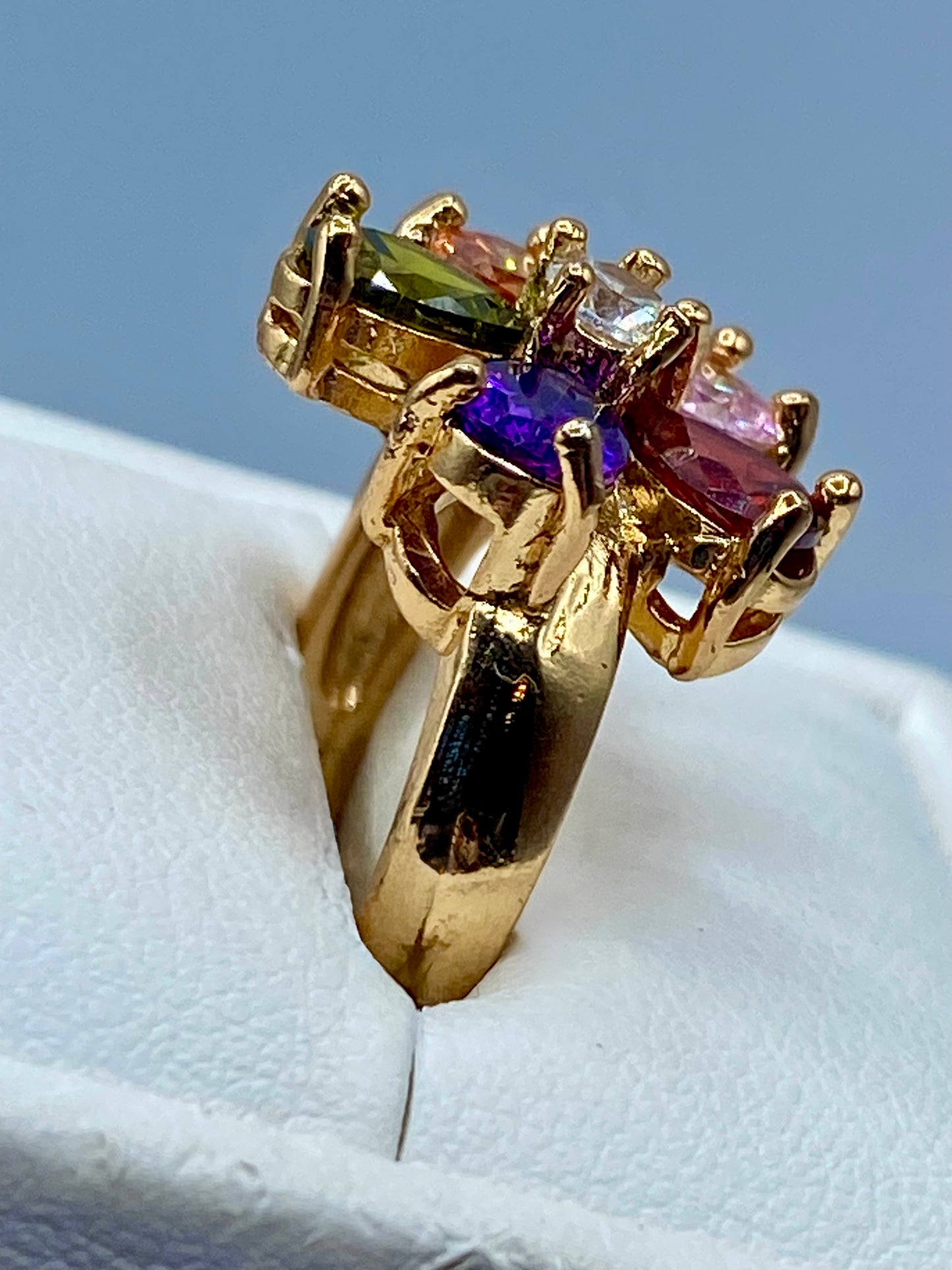 Gold Tone Floral Multi Color Glass Ring