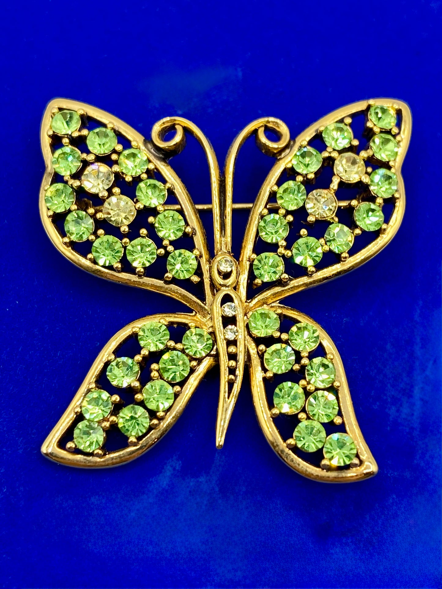 Vintage Gold Tone & Green Rhinestone Butterfly Brooch