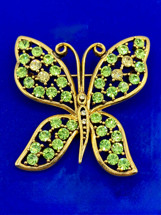 Vintage Gold Tone & Green Rhinestone Butterfly Brooch