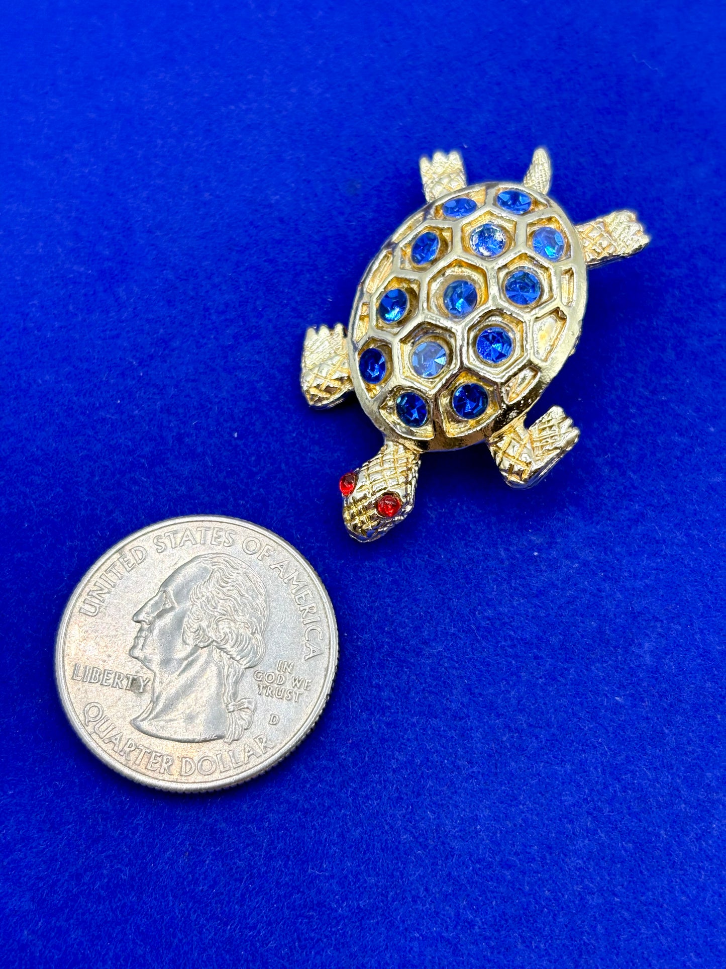 Vintage Blue Rhinestone & Gold Tone Turtle Brooch