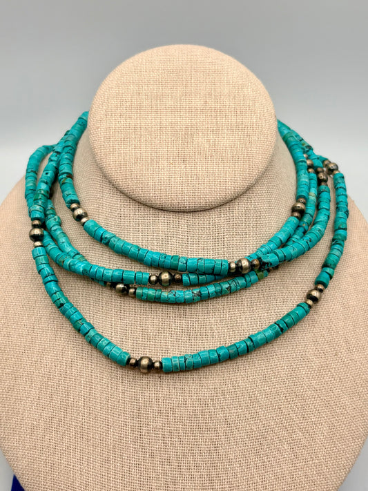 Sterling Silver Southwestern Navajo Pearls & Turquoise Discs Long Necklace