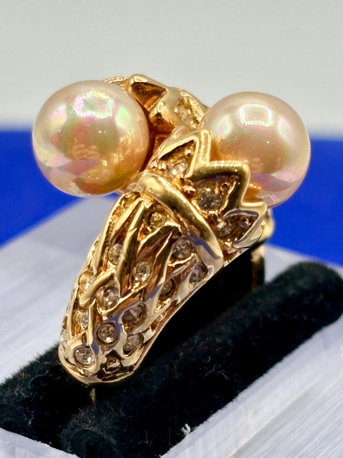 Nolan Miller Gold Tone Pearl & Rhinestone Cocktail Ring