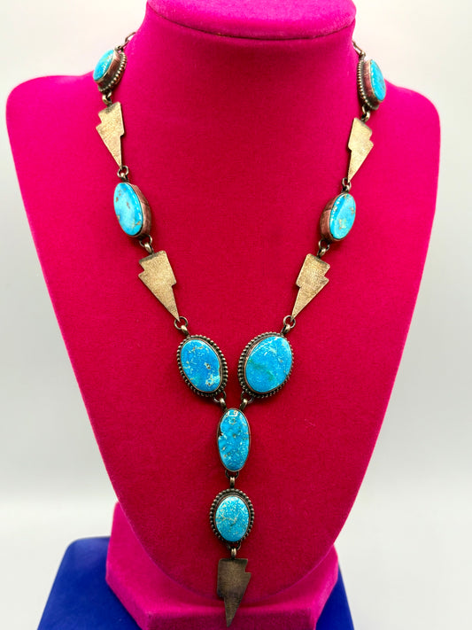 Sterling Silver Navajo Native Turquoise Lighting Bolt Lariat Necklace