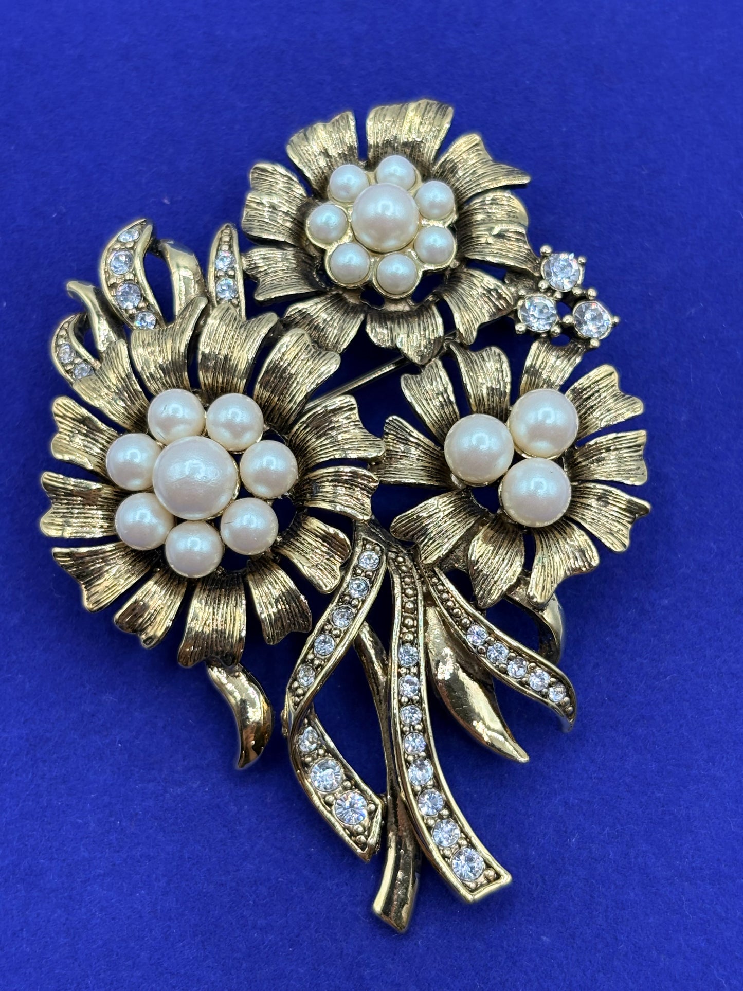 Vintage Monet Floral Pearl & Rhinestone Brooch