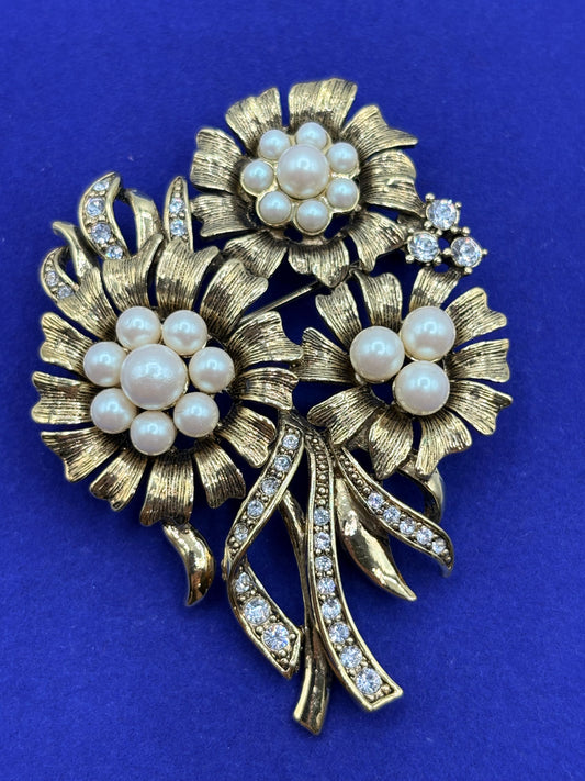 Vintage Monet Floral Pearl & Rhinestone Brooch