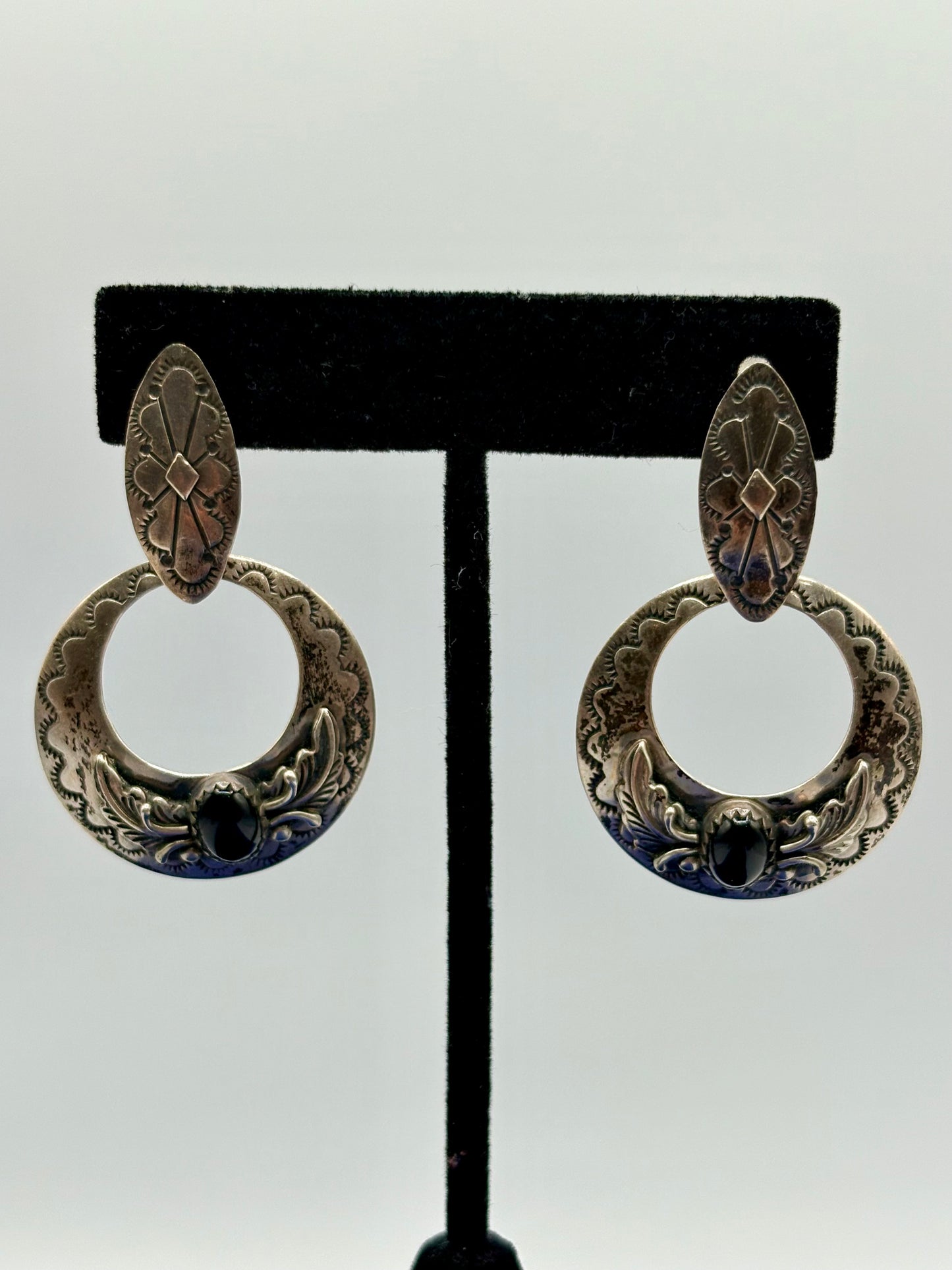 Sterling Silver Native “P” Black Onyx Pierced Earrings