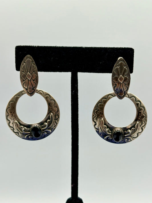 Sterling Silver Native “P” Black Onyx Pierced Earrings
