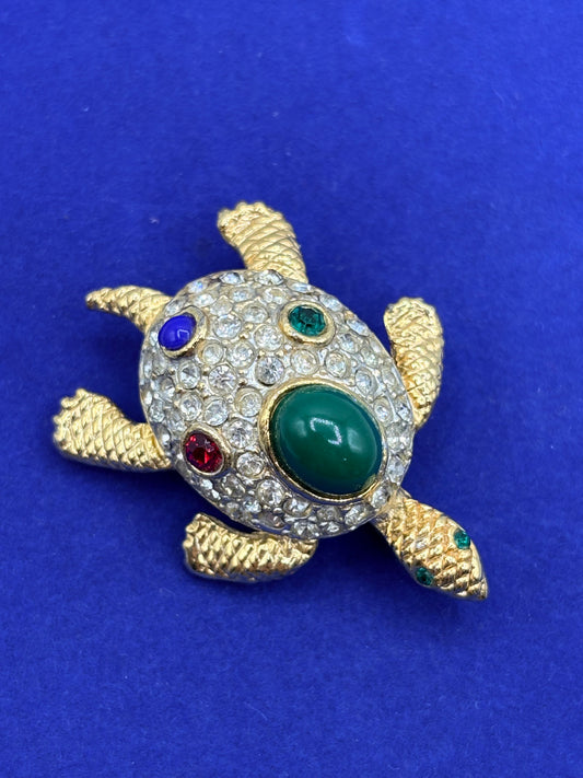 Vintage Sphinx Rhinestone and Cabochon Turtle Brooch