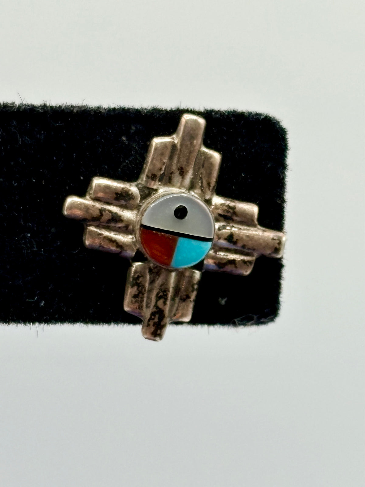 Sterling Silver Zuni Turquoise Coral & MOP Inlay Stud Earrings