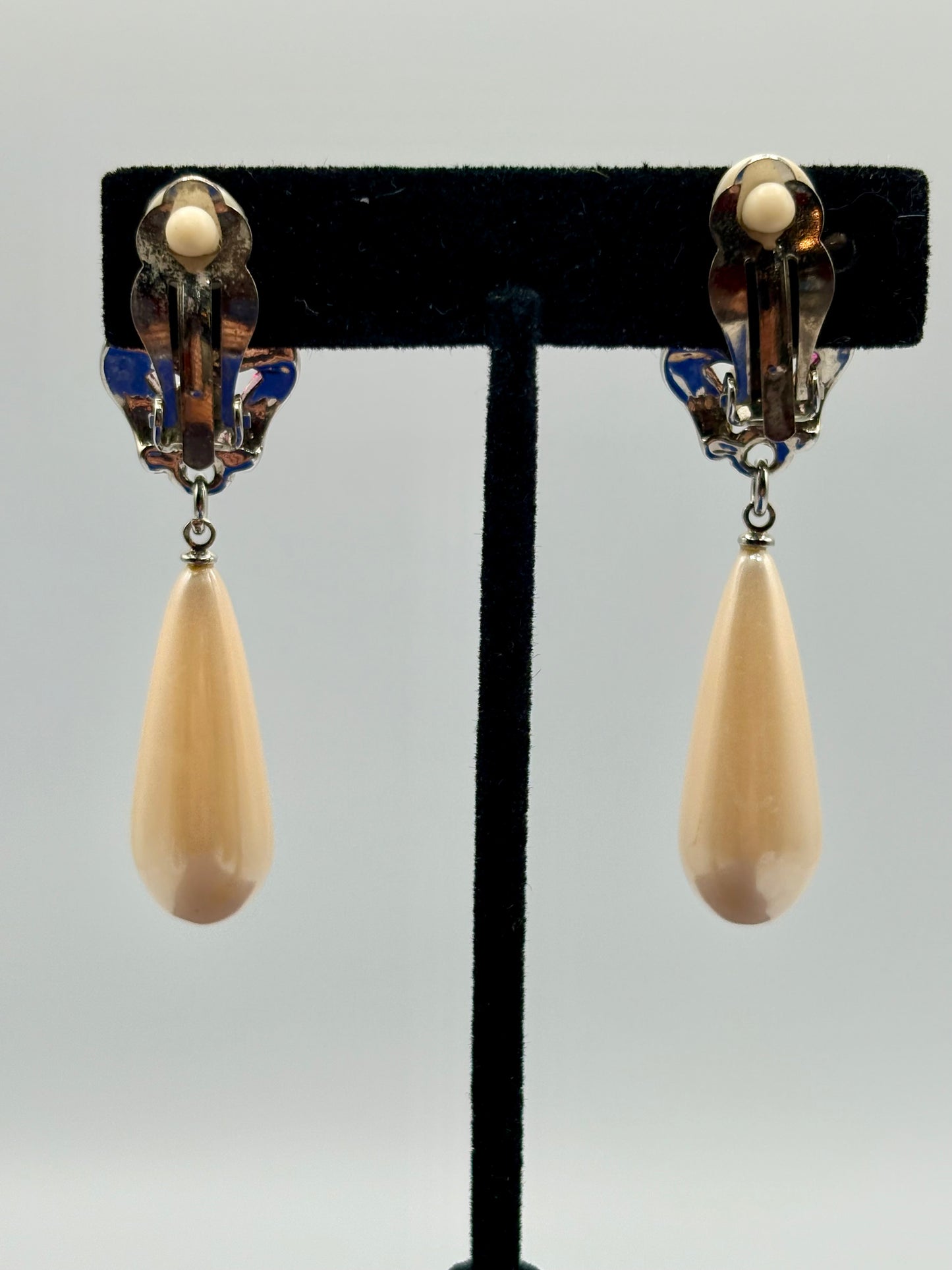 Silver Tone Faux Pearl & Rhinestone Purple Cabochon Clip Ons