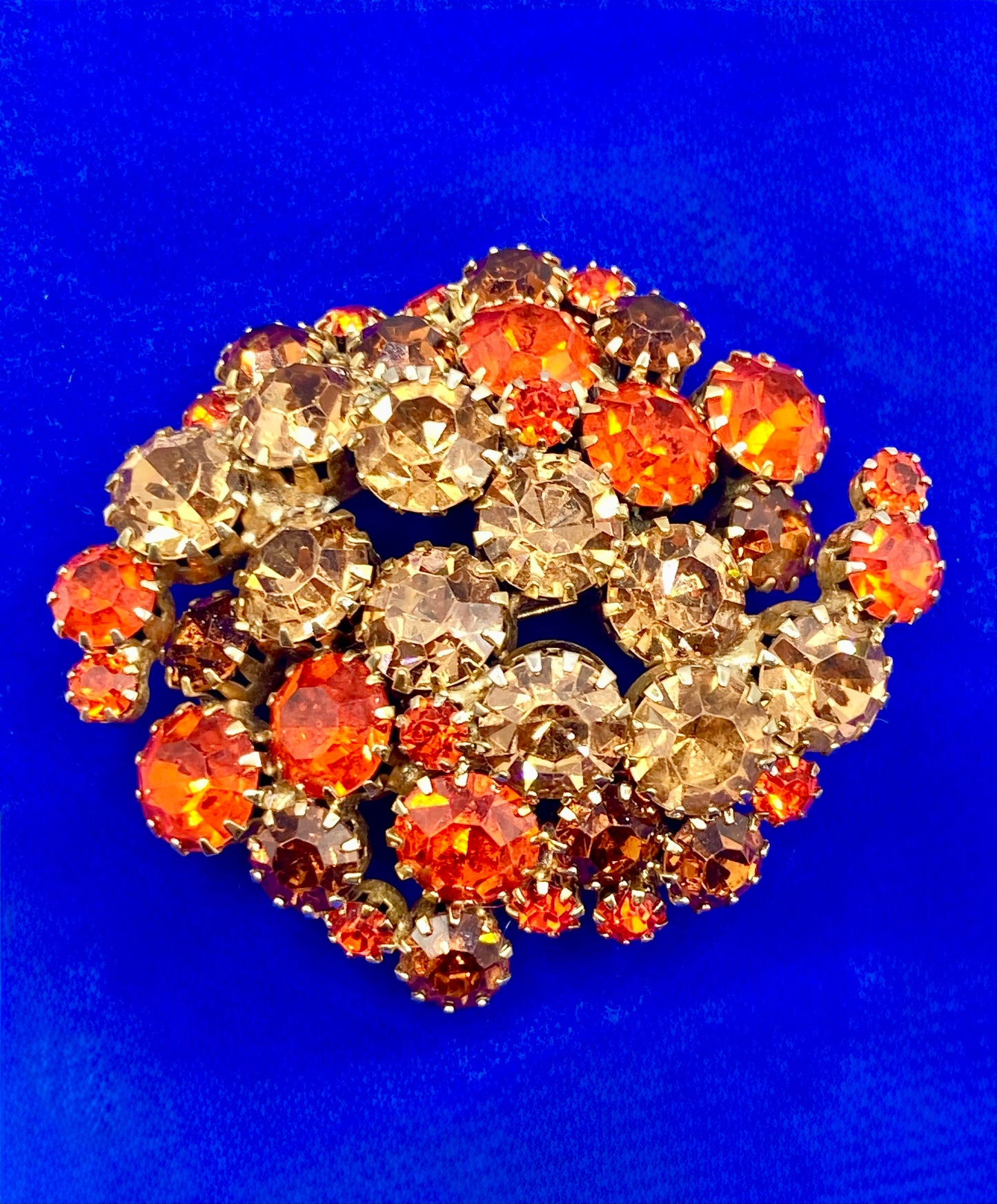 Vintage Brown & Orange Rhinestone Prong Set Brooch
