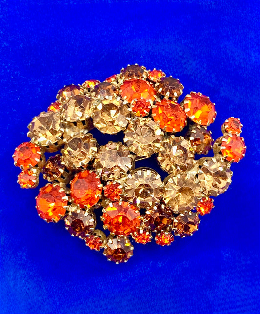 Vintage Brown & Orange Rhinestone Prong Set Brooch
