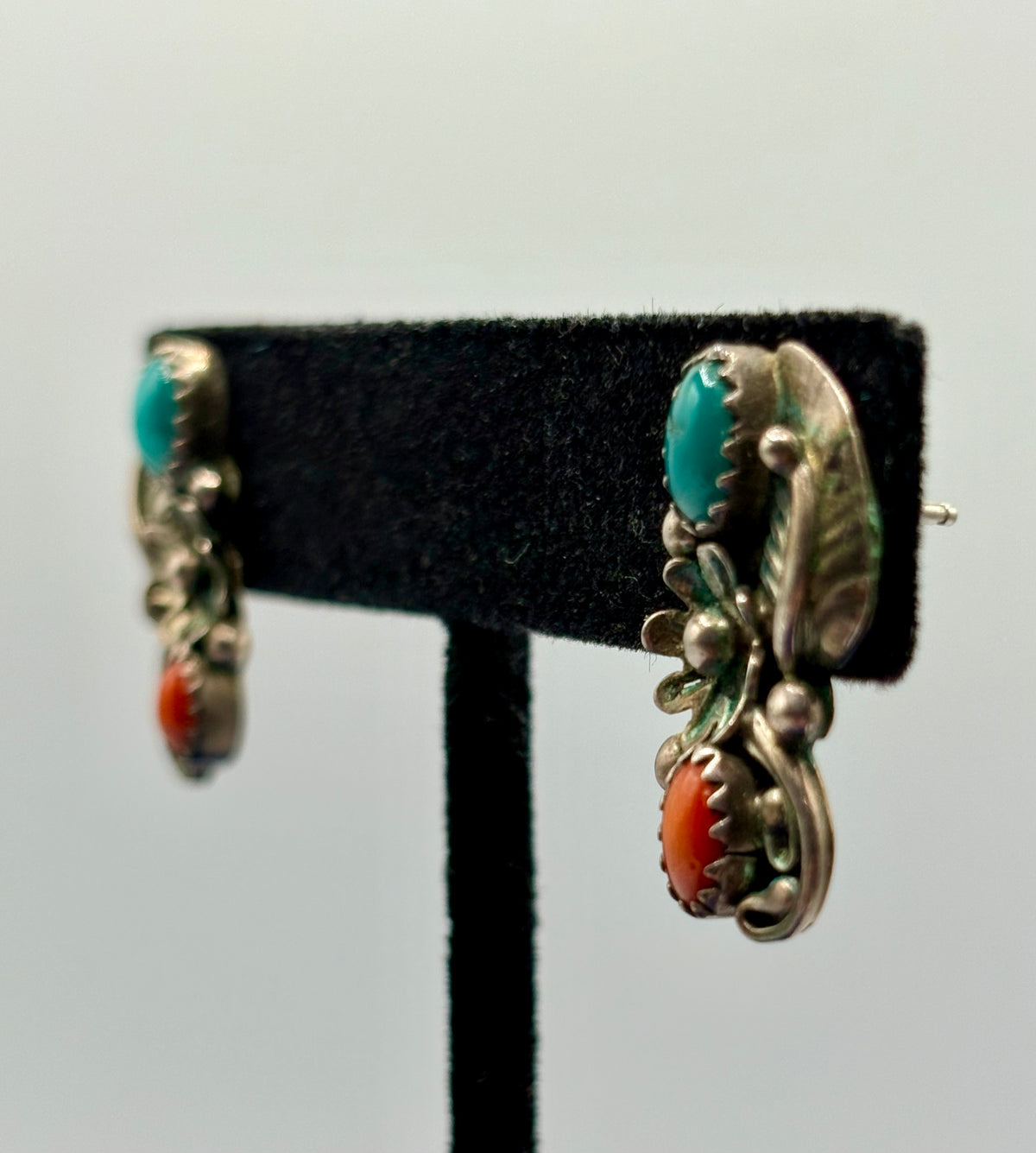 Sterling Silver Native Coral & Turquoise Floral Earrings
