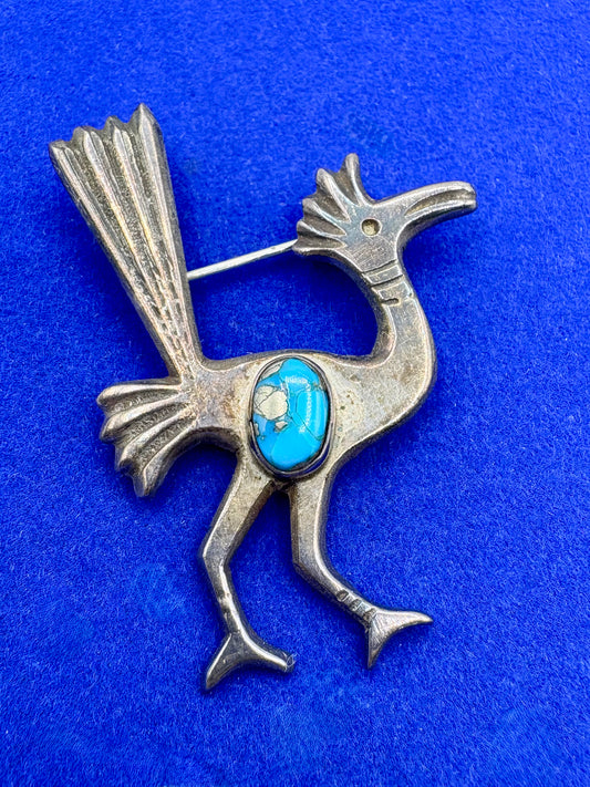 Vintage Sterling Silver Native Turquoise Roadrunner Brooch