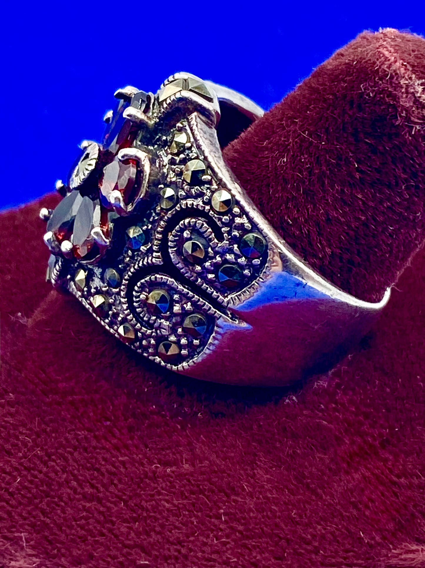 Sterling Silver Marcasite & Garnet CFJ Ring