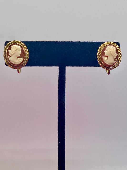 Gold Filled Shell Cameo Screw Back Earrings