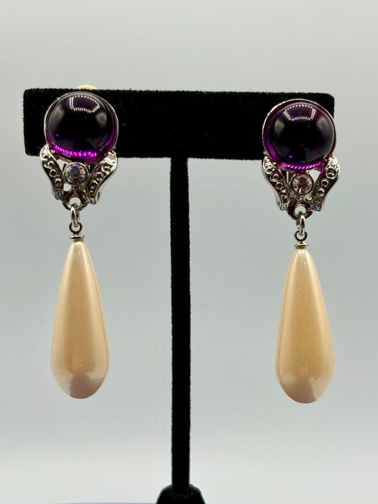 Silver Tone Faux Pearl & Rhinestone Purple Cabochon Clip Ons