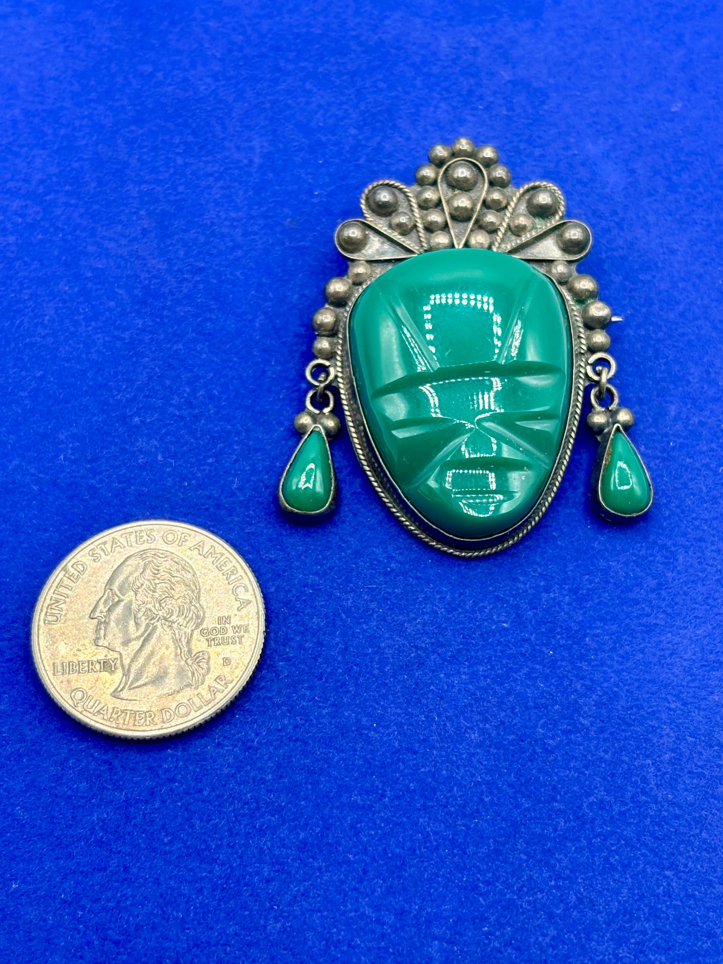 Sterling Silver Mexican Carved Green Onyx Brooch