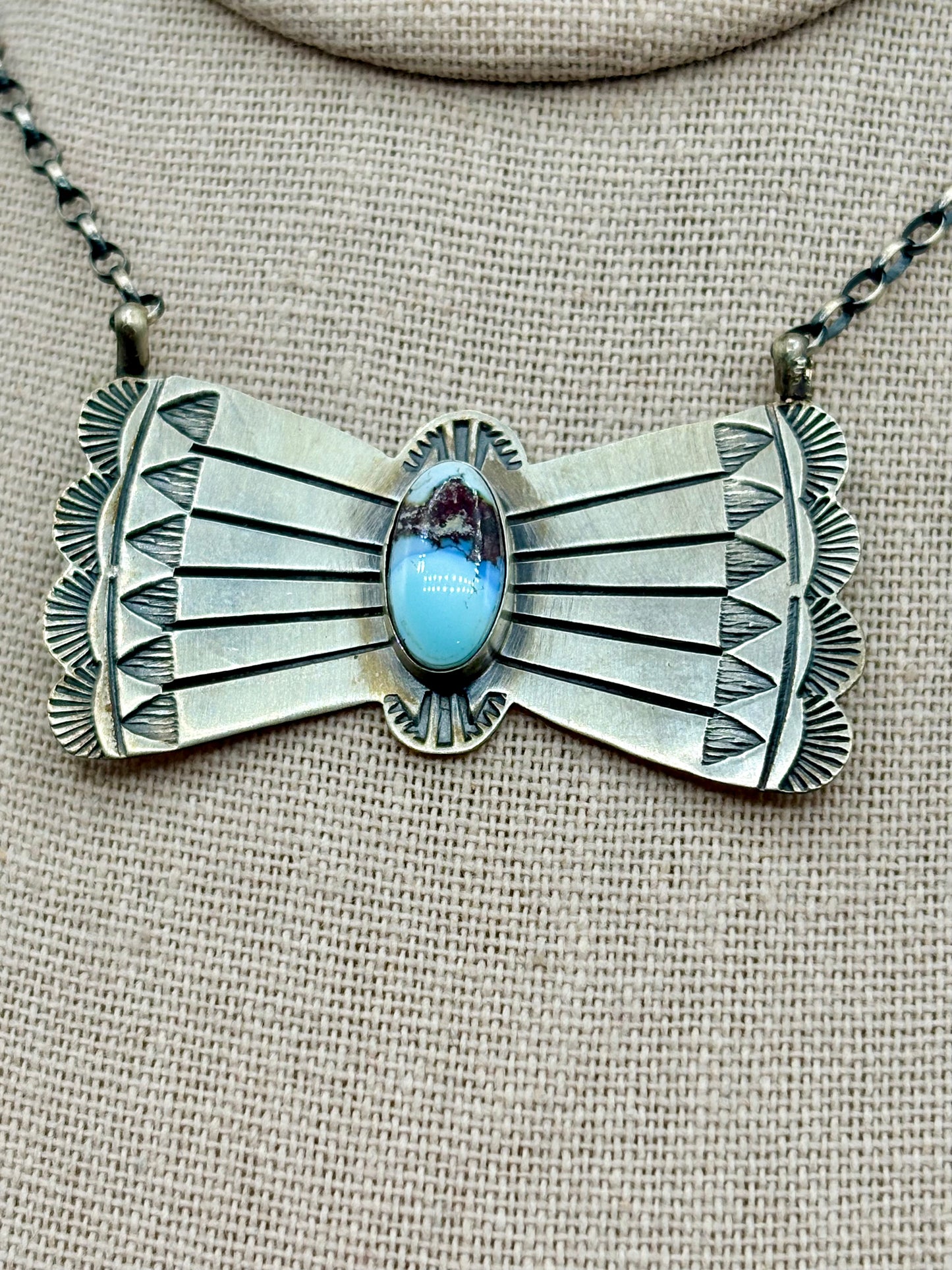 Sterling Silver Native Donovan Skeets Golden Hills Turquoise Bow Tie Necklace
