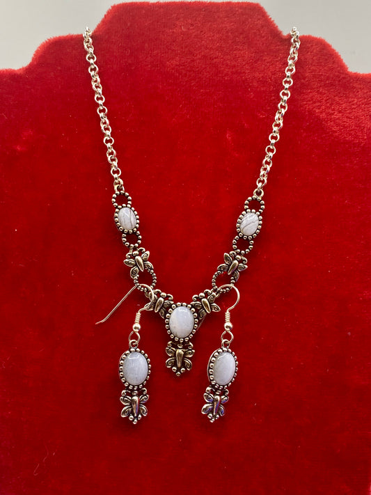 Sterling Silver Carolyn Pollack Agate Butterfly Dangle Earrings & Necklace Set