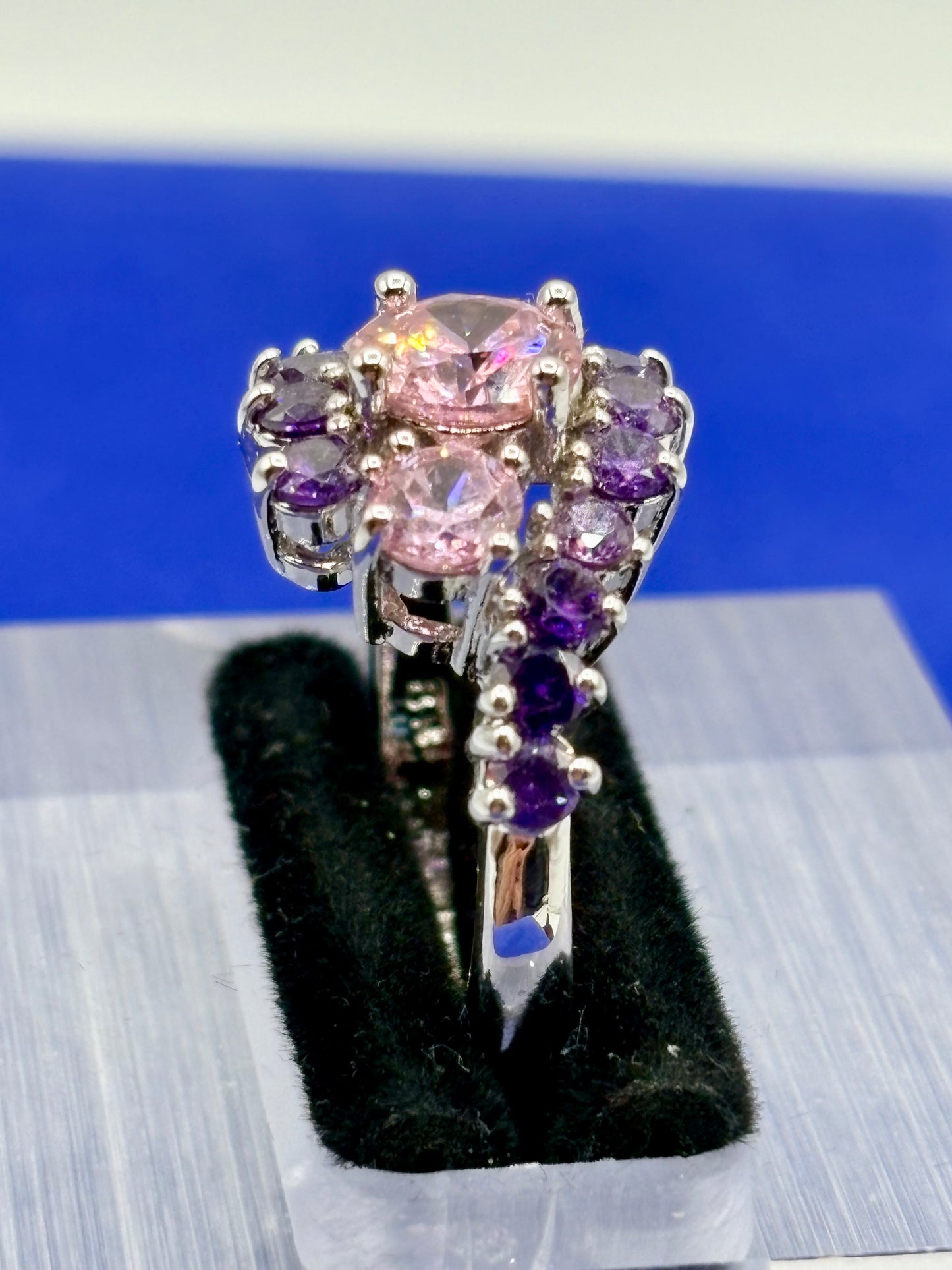Pink & Purple Glass Silver Tone Costume Ring