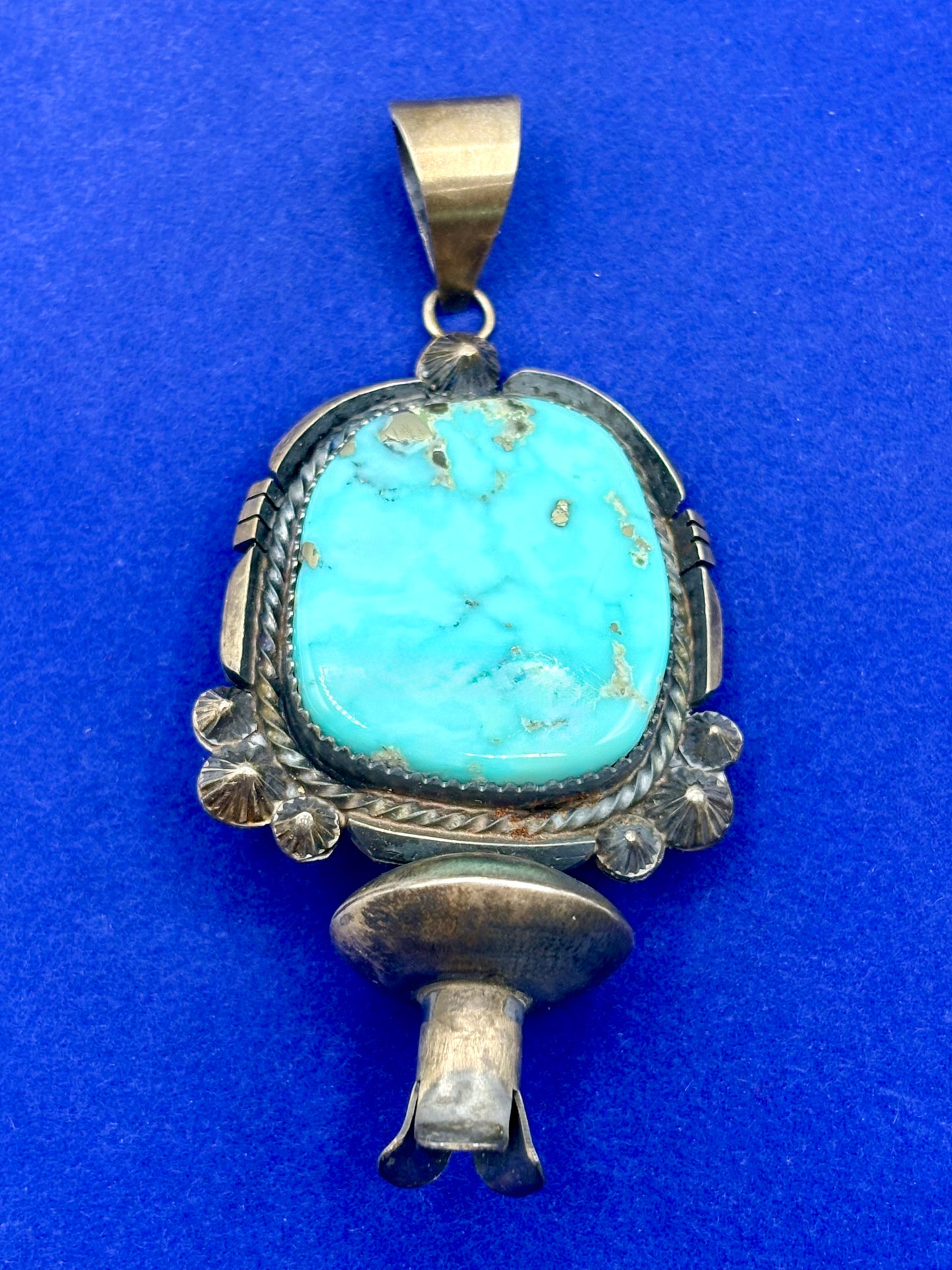 Sterling Silver Native Turquoise Squash Blossom Pendant