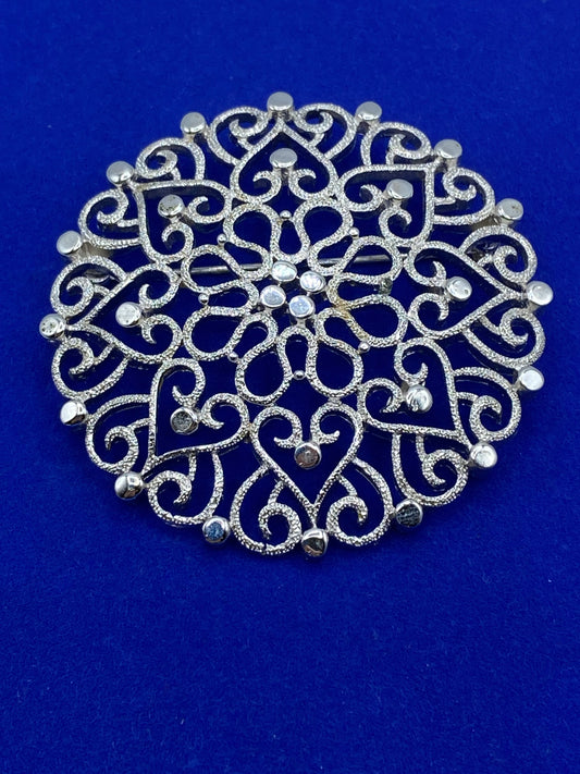 Silver Tone Crown Trifari Filigree Design Brooch