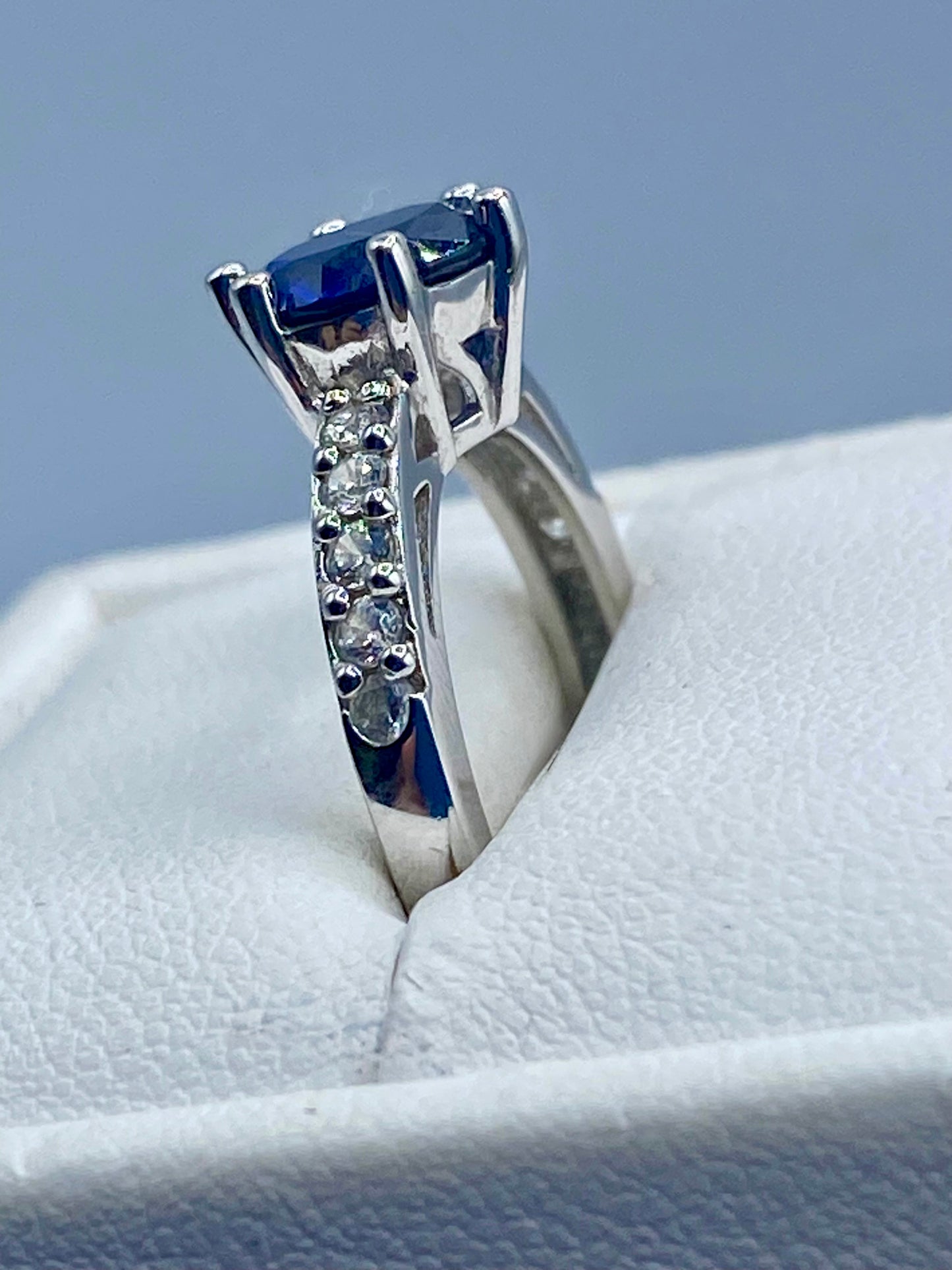 Sterling Silver Dark Blue Round Sapphire & CZ Ring