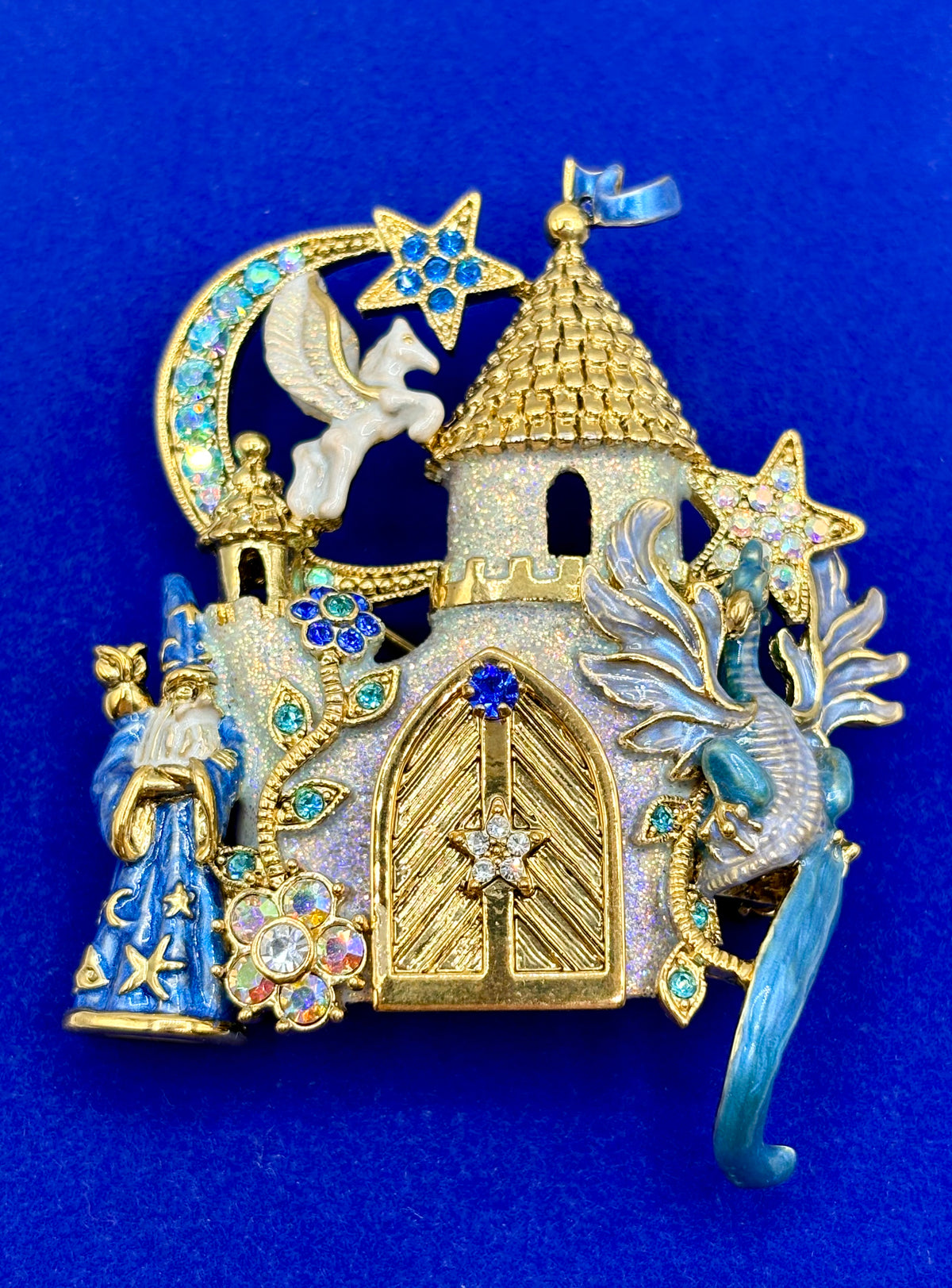 Vintage Kirks Folly Gold Tone Glitter Wizard Castle Brooch