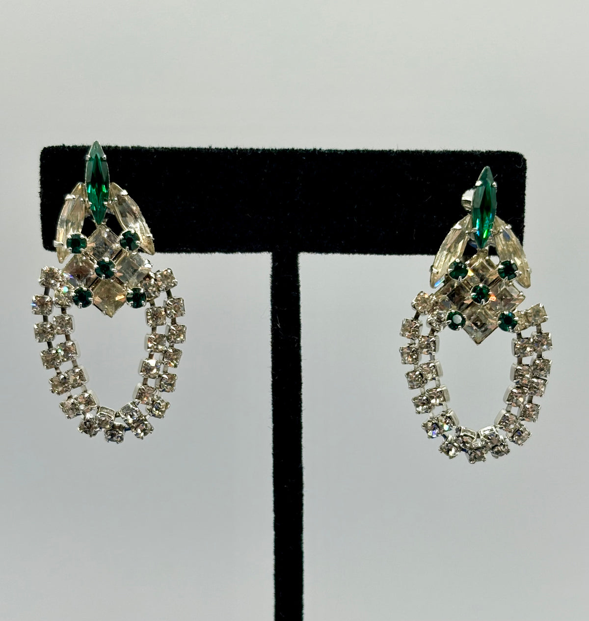 Vintage Hobé Green & Clear Rhinestone Screw Back Earrings