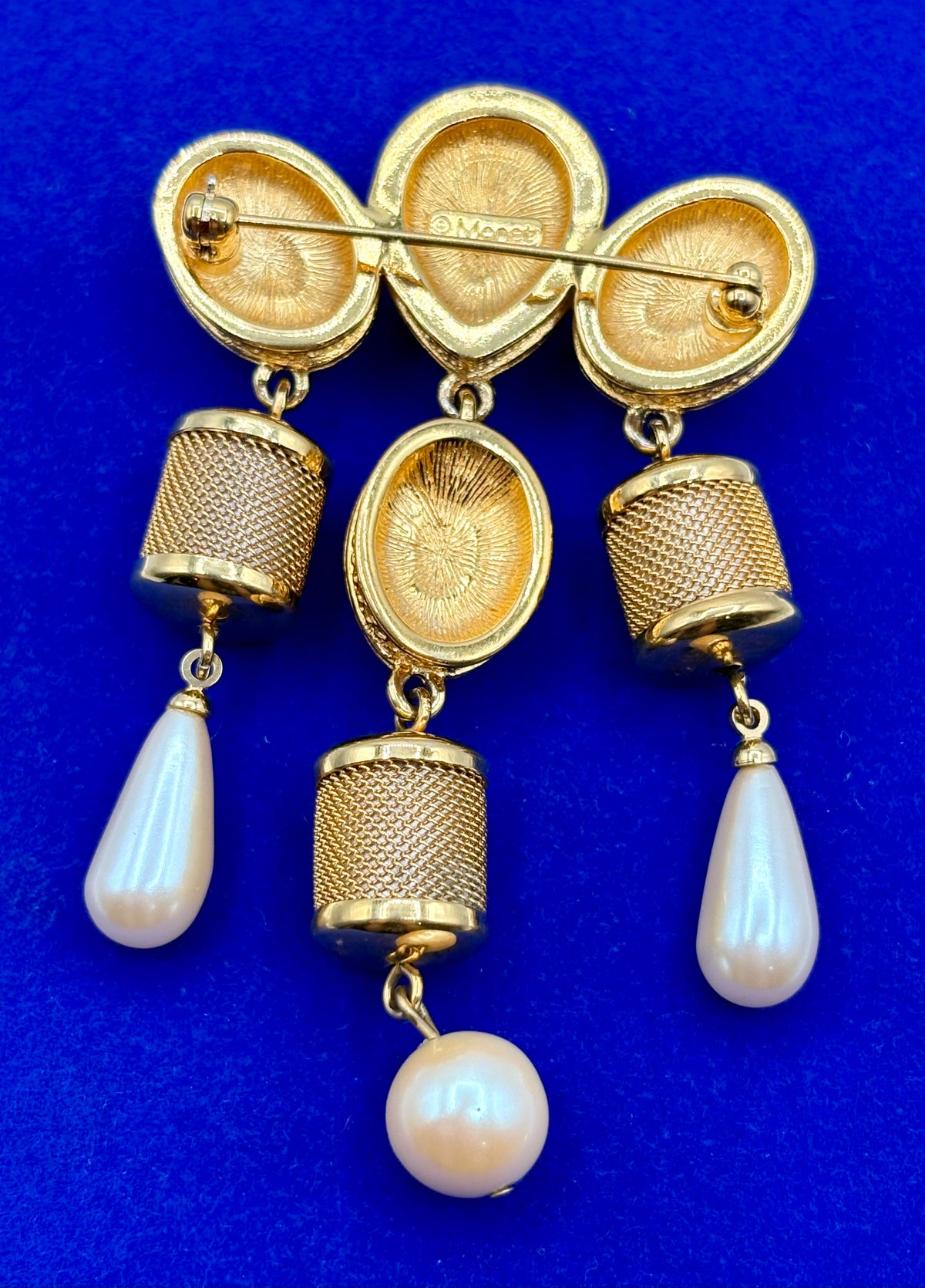 Vintage Monet Gold Tone Faux Pearl Dangle Brooch