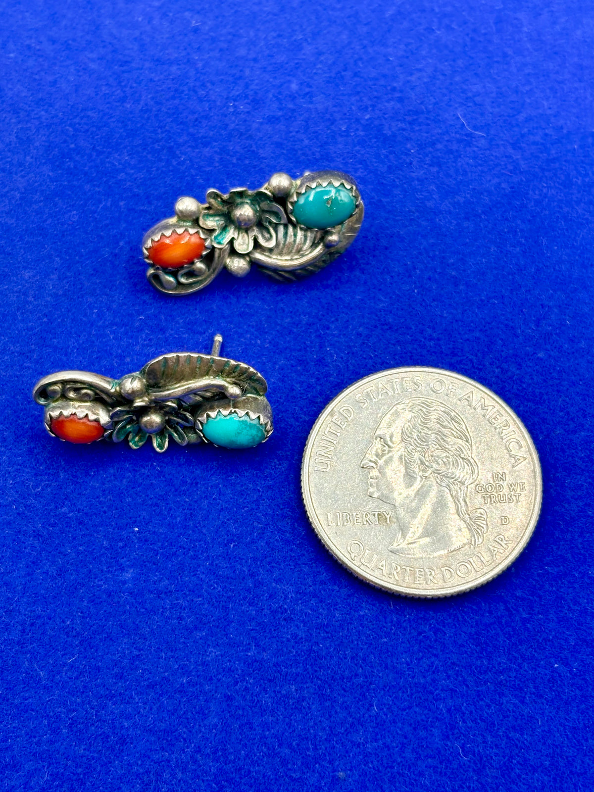 Sterling Silver Native Coral & Turquoise Floral Earrings