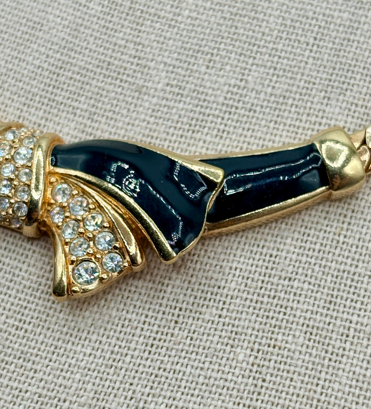 Vintage Swarovski Gold Tone Black Enamel Crystal Bow Statement Necklace