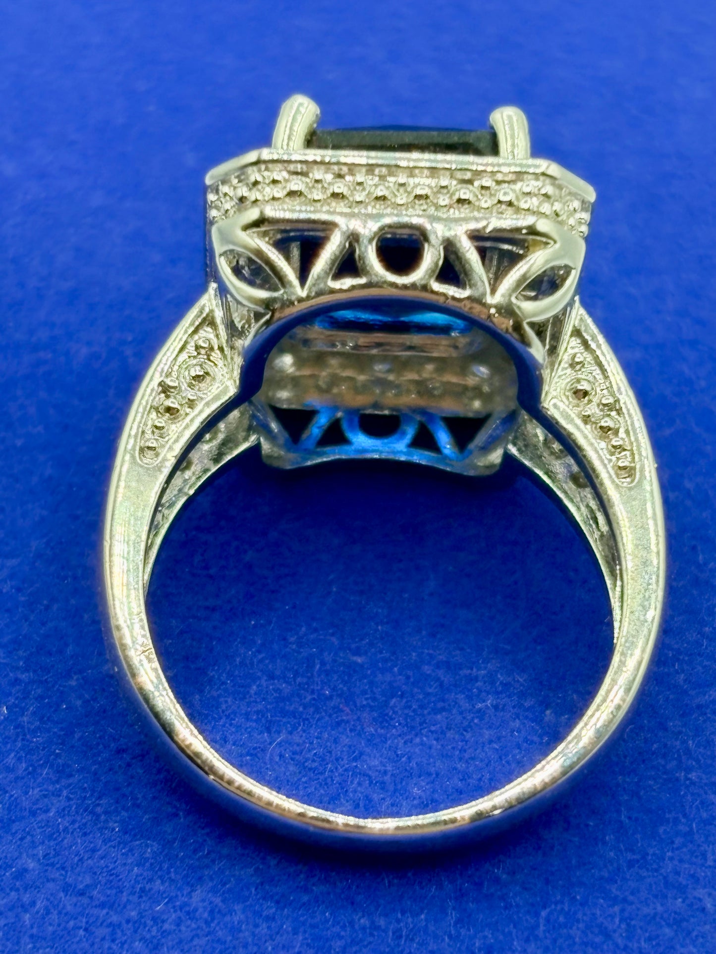 Silver Tone Dark Blue Glass & Rhinestone Ring