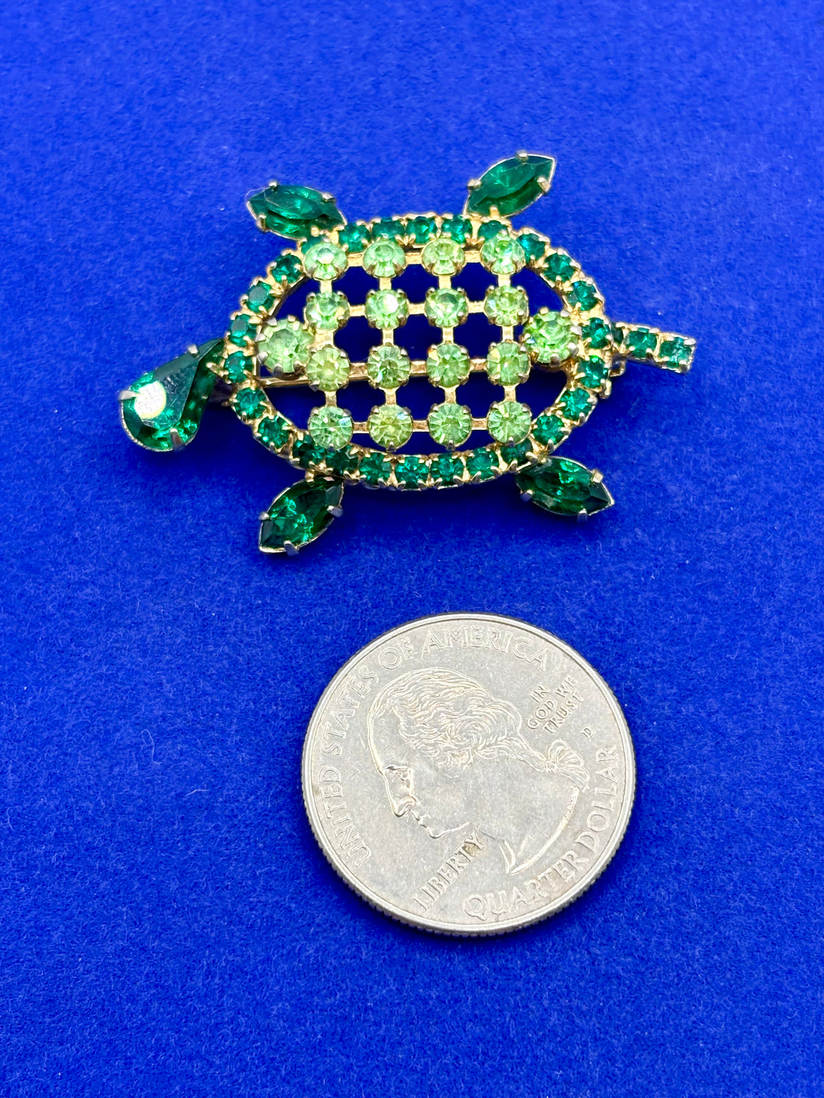 Vintage Gold Tone Uranium & Green Rhinestone Turtle Brooch