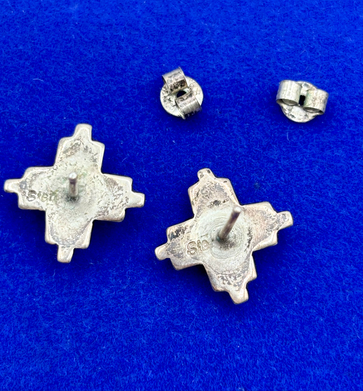 Sterling Silver Zuni Turquoise Coral & MOP Inlay Stud Earrings