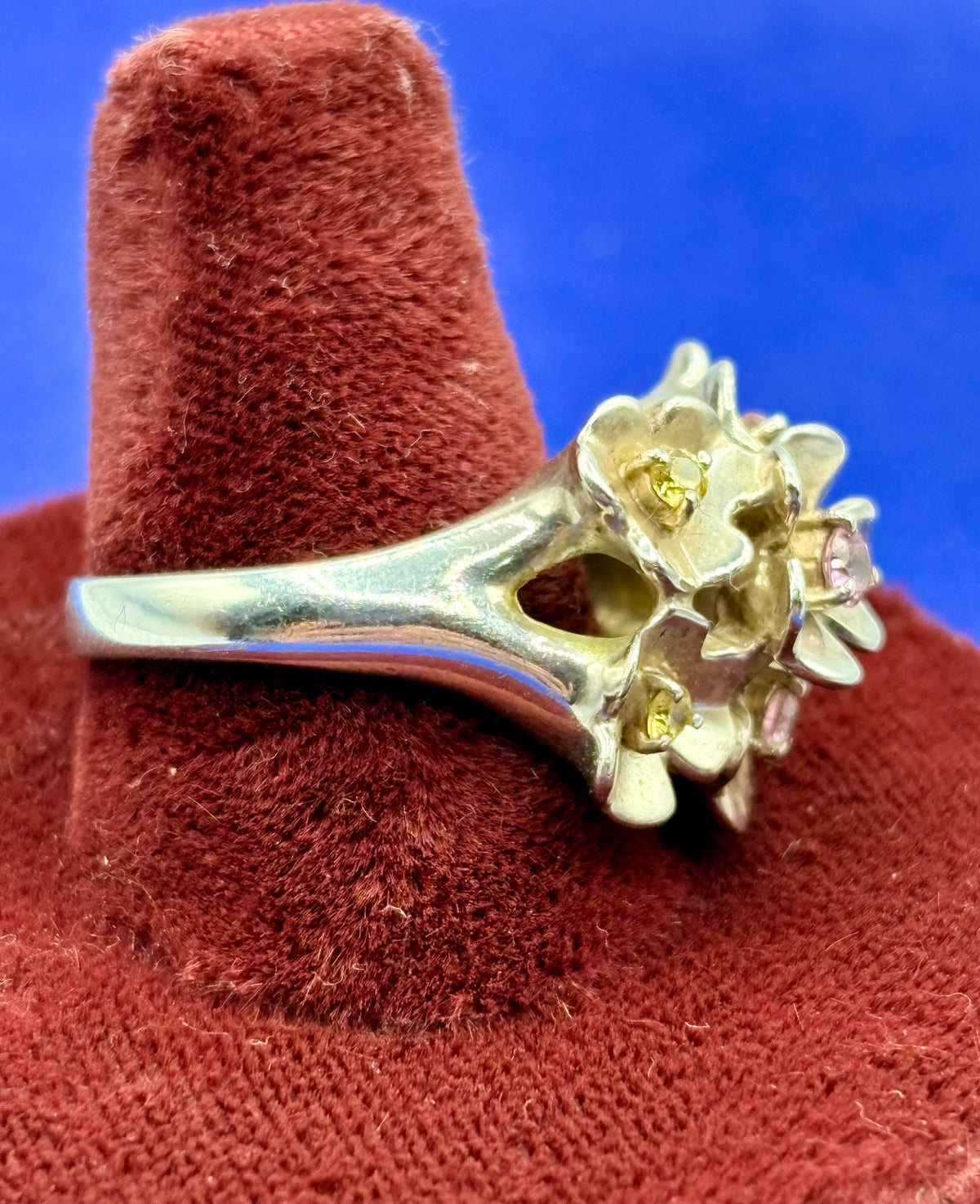 Vintage DQ Sterling Silver CZ Pink & Yellow Floral Ring
