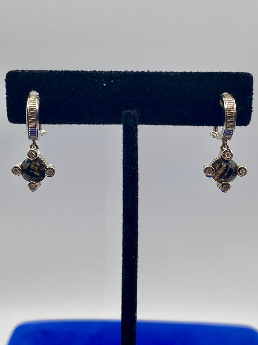 Judith Ripka Sterling Silver Smokey Topaz CZ Hoop Dangle Earrings